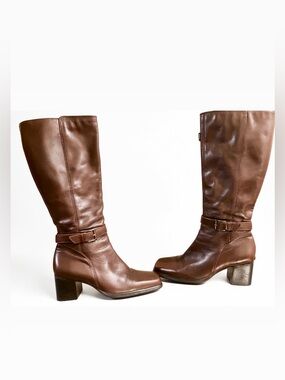 Women's Brown Leather Mid-Calf Heeled Boots